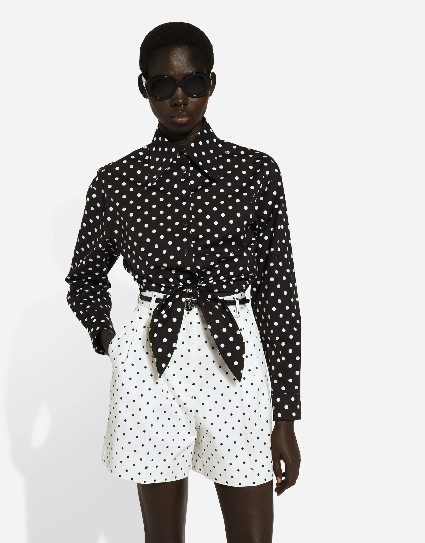 Cropped cotton poplin shirt with knot detail and polka-dot print
