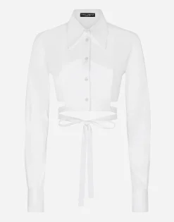 Cropped cotton shirt with criss-crossing laces
