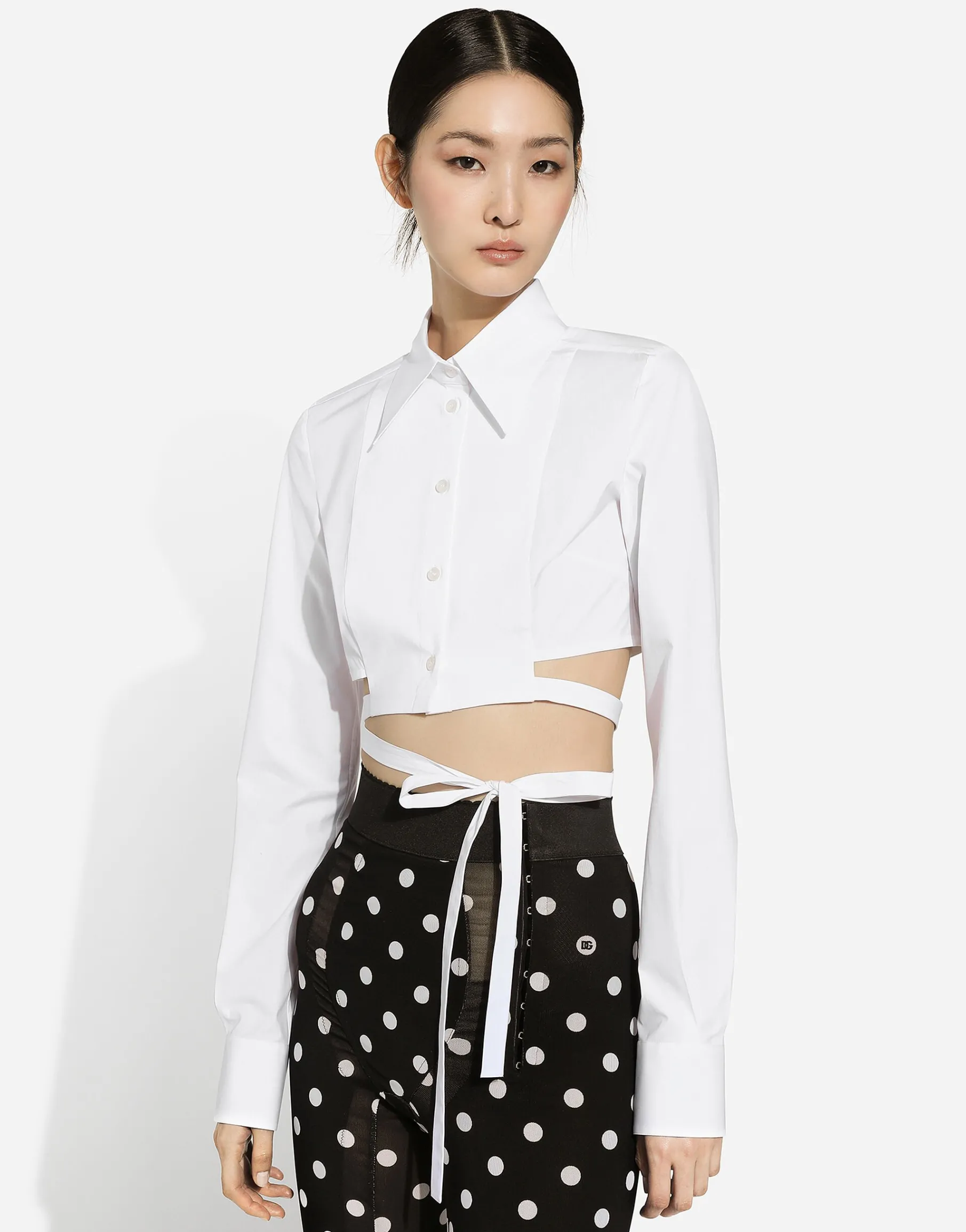 Cropped cotton shirt with criss-crossing laces