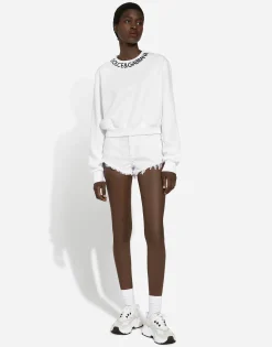 Cropped jersey sweatshirt with logo embroidery on neck