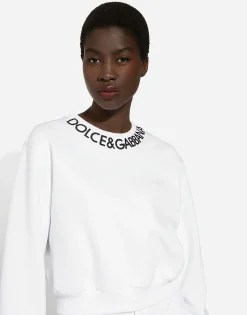 Cropped jersey sweatshirt with logo embroidery on neck