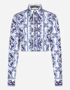 Cropped majolica-print poplin shirt