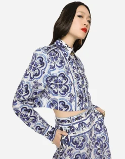 Cropped majolica-print poplin shirt