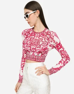 Cropped Majolica-print silk sweater