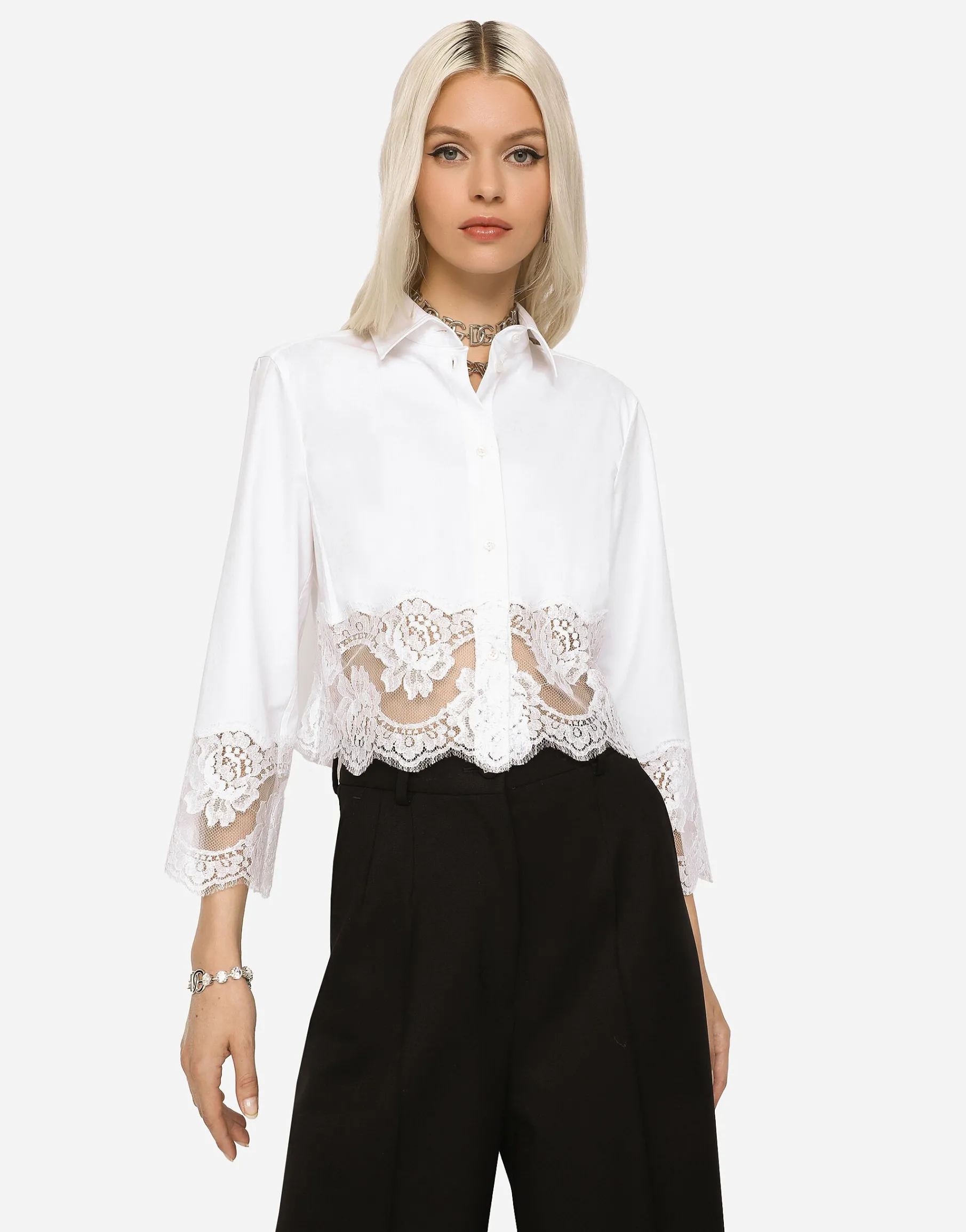 Cropped poplin shirt with lace inserts