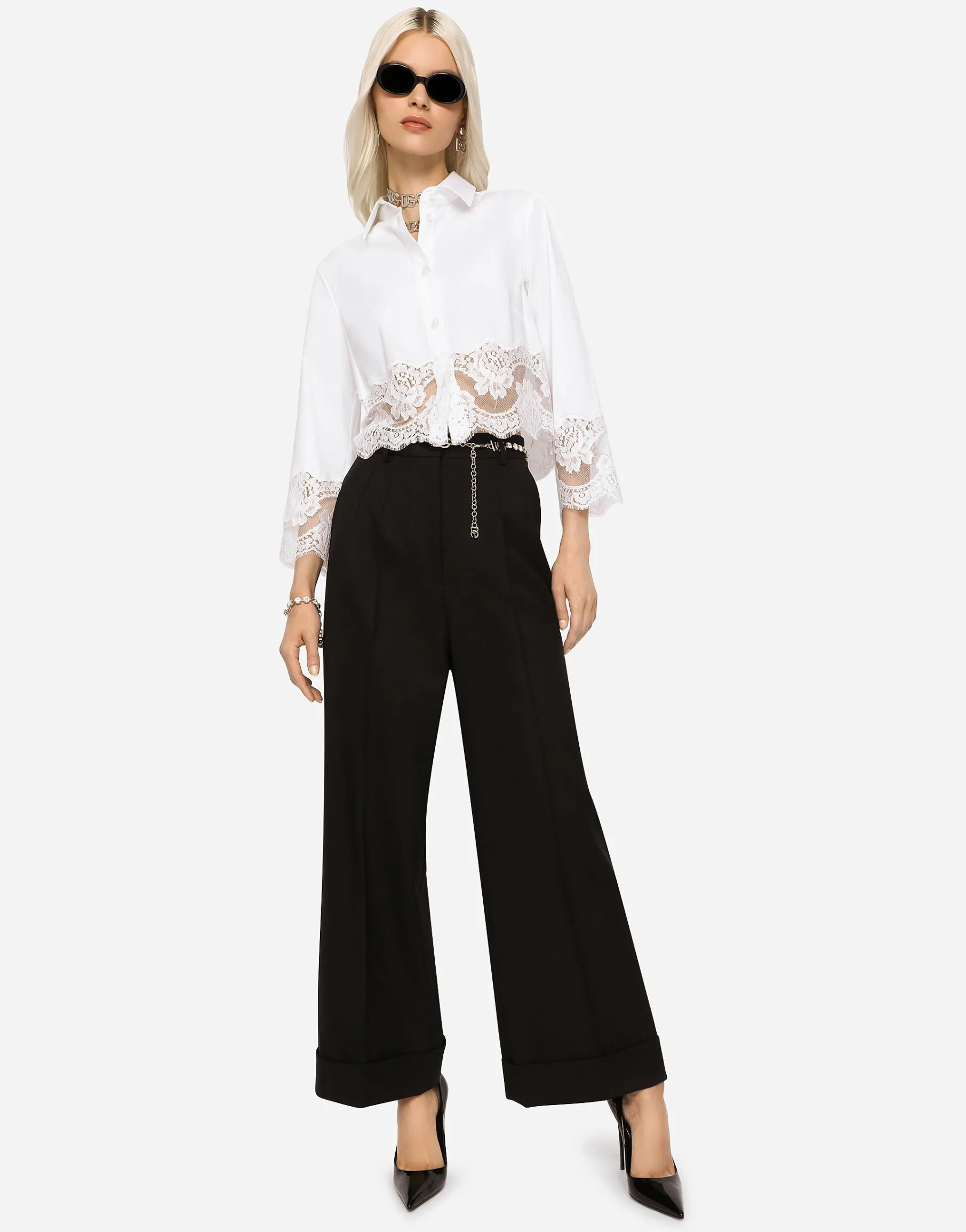 Cropped poplin shirt with lace inserts