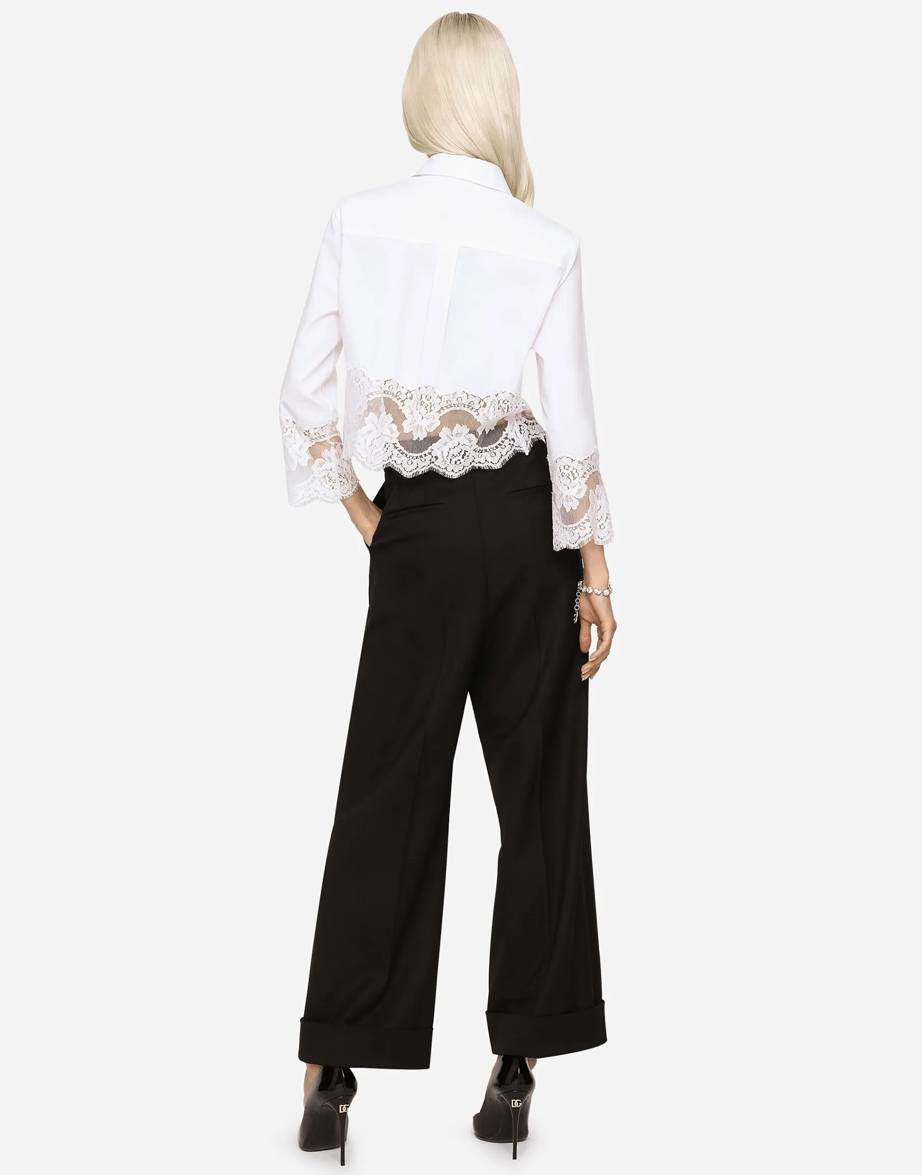 Cropped poplin shirt with lace inserts