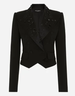 Cropped wool jacket with rhinestone details