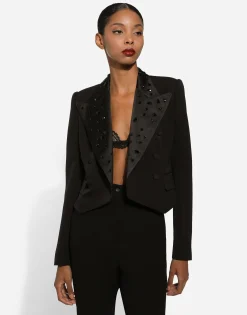 Cropped wool jacket with rhinestone details
