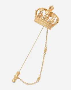 Crown stick pin brooch in yellow and white gold with curly gold thread embellishments and sphere