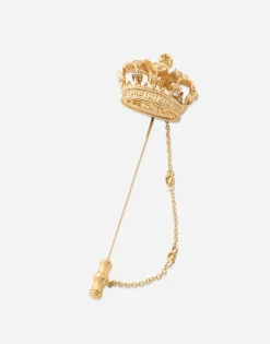 Crown stick pin brooch in yellow and white gold with curly gold thread embellishments and sphere