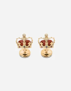 Crown yellow gold crown cufflinks with red jasper