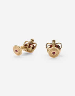Crown yellow gold crown cufflinks with red jasper