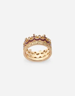 Crown yellow gold ring with burgundy enamel crown and diamonds