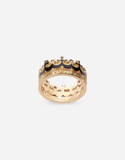 Crown yellow gold ring with black enamel crown and diamonds