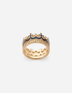 Crown yellow gold ring with blue enamel crown and diamonds
