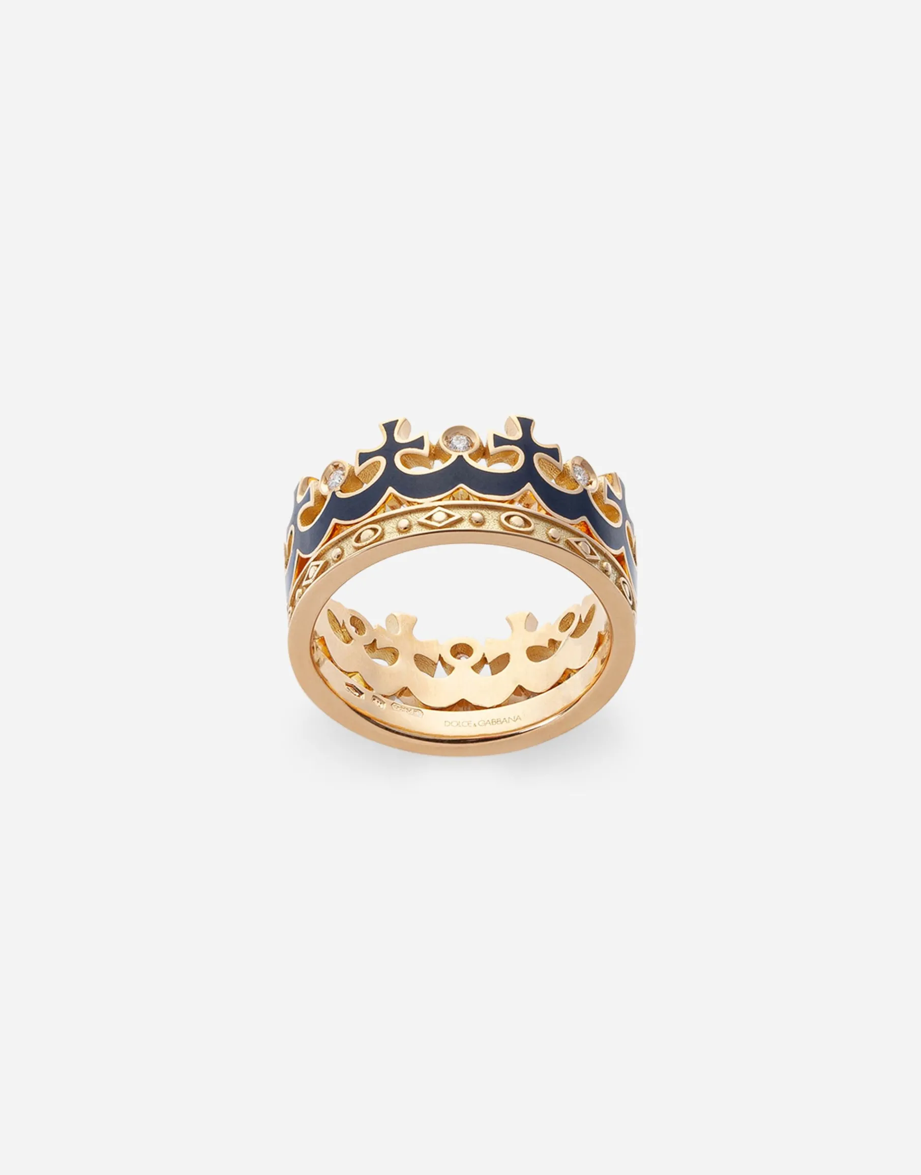 Crown yellow gold ring with blue enamel crown and diamonds