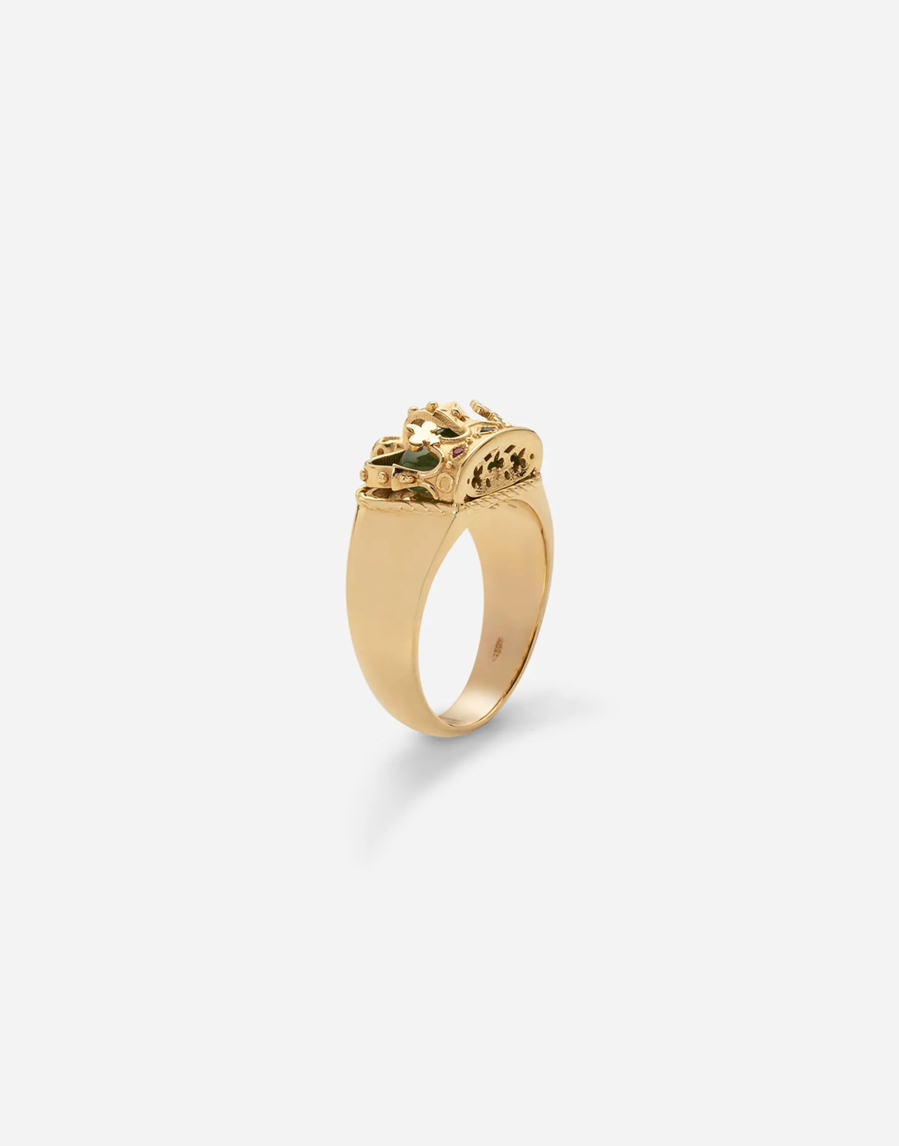 Crown yellow gold ring with green jade on the inside