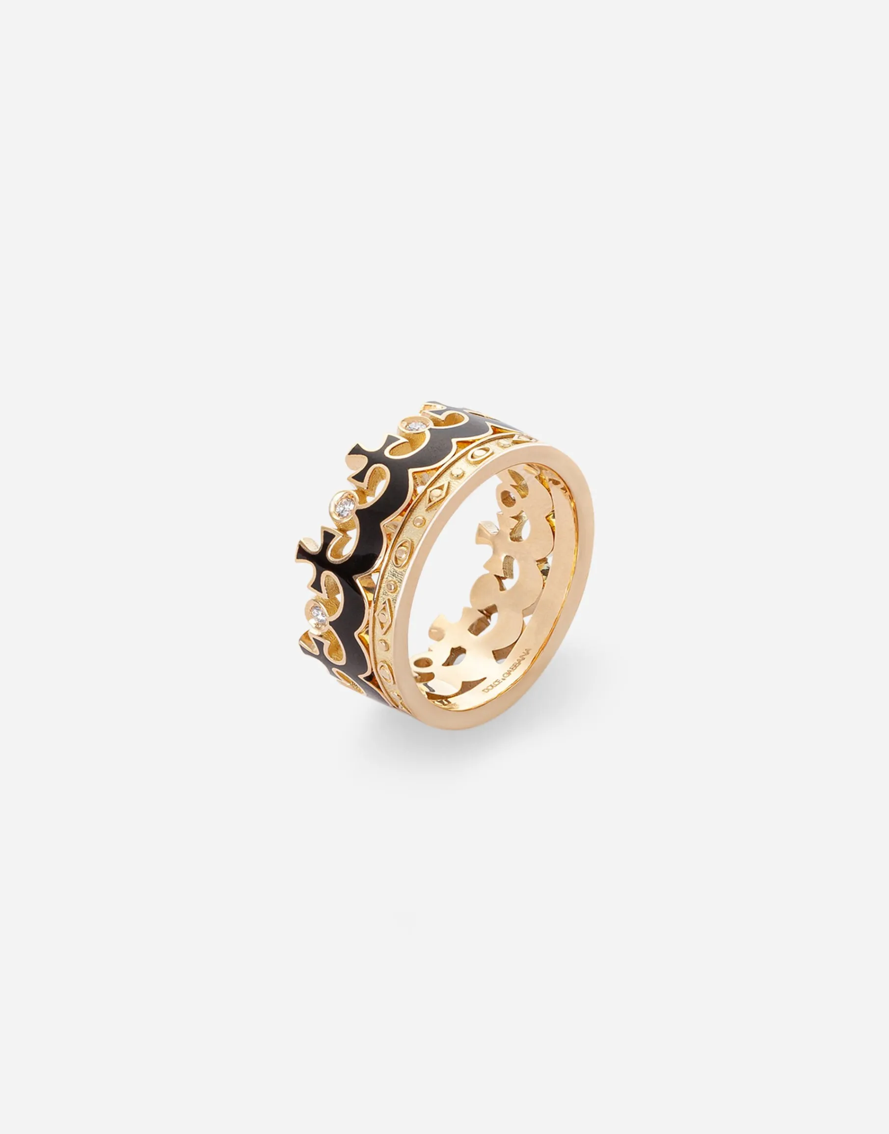 Crown yellow gold ring with black enamel crown and diamonds