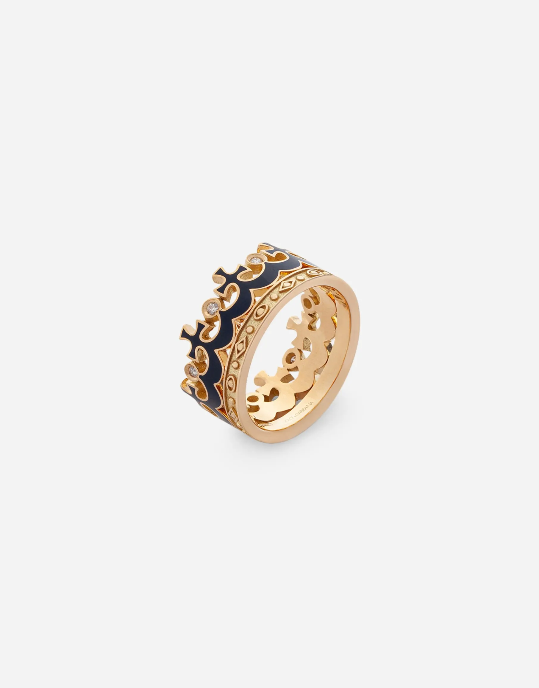 Crown yellow gold ring with blue enamel crown and diamonds