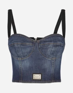 Denim corset top with logo tag