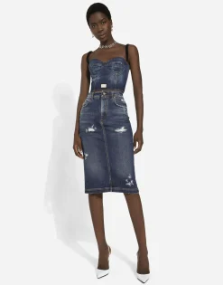 Denim corset top with logo tag