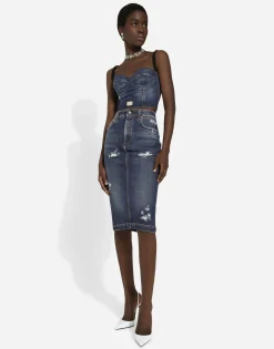Denim corset top with logo tag