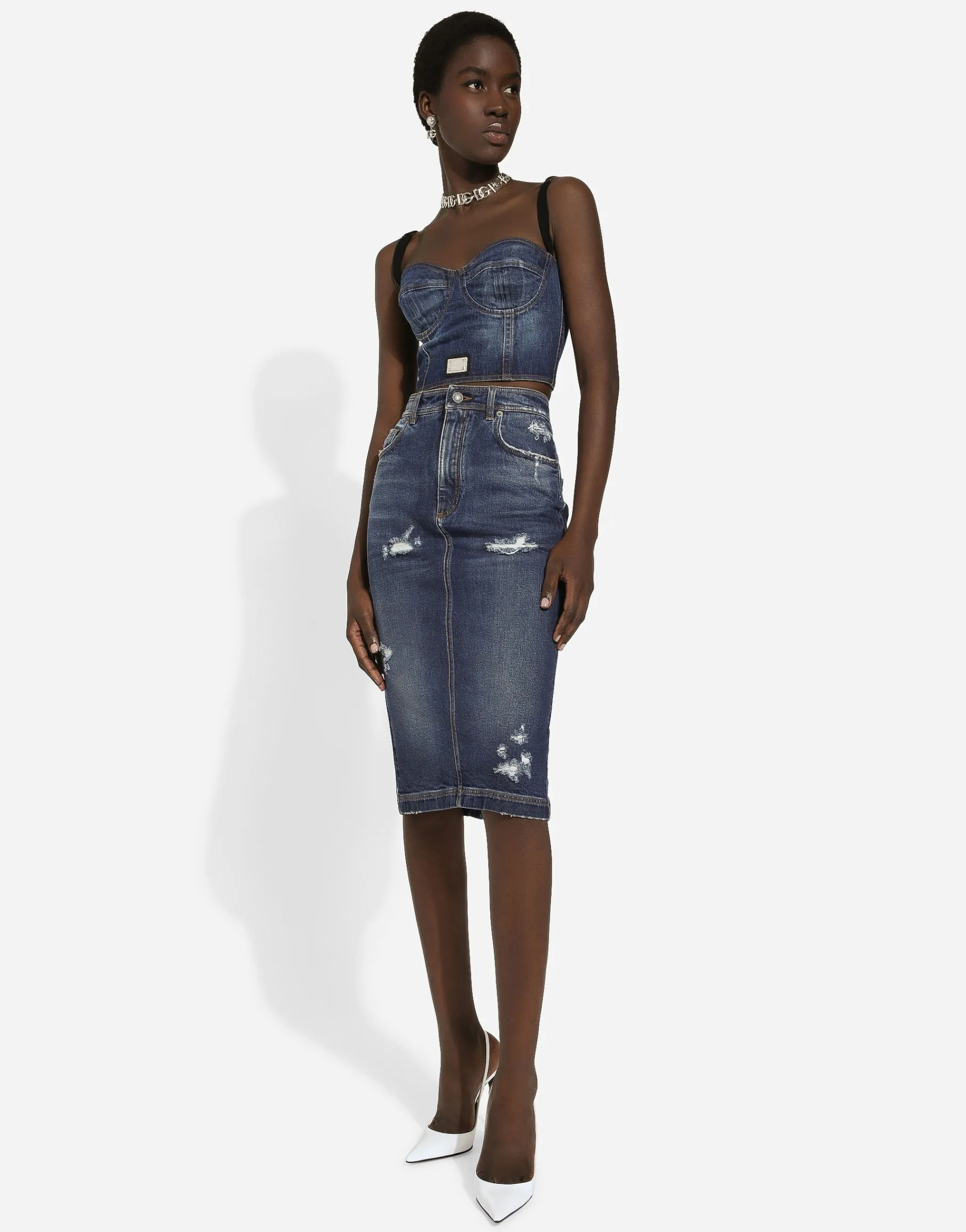 Denim corset top with logo tag