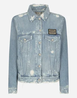 Denim jacket with branded plate