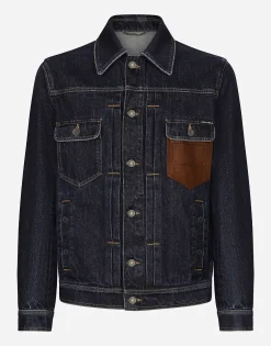 Denim jacket with embossed tag on leather