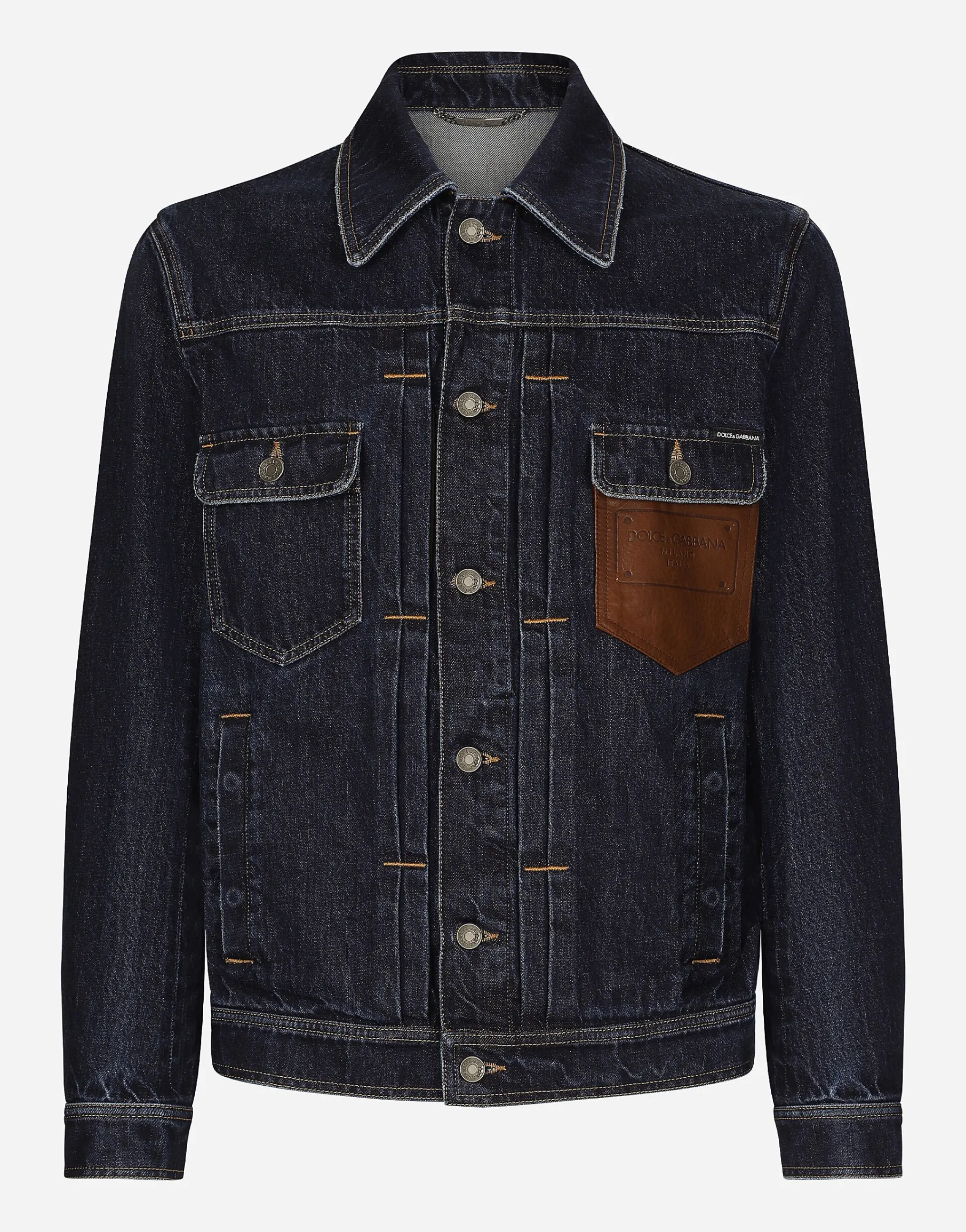 Denim jacket with embossed tag on leather