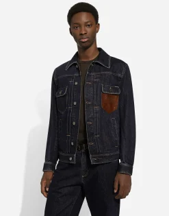 Denim jacket with embossed tag on leather