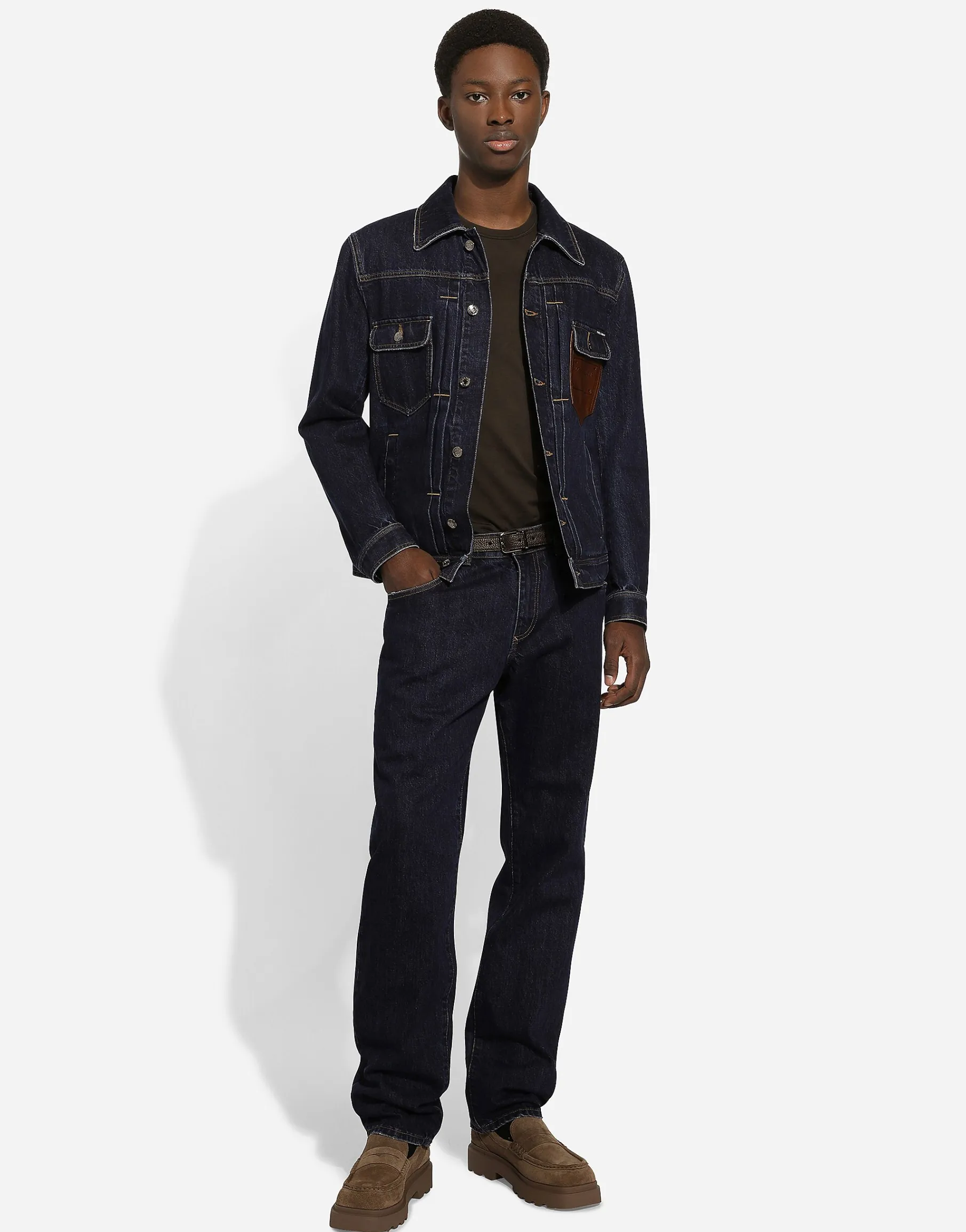 Denim jacket with embossed tag on leather