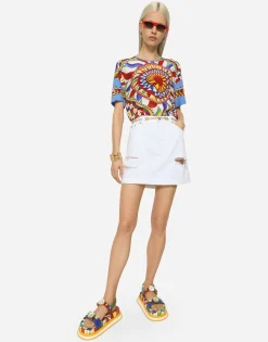 Denim mini skirt with rips