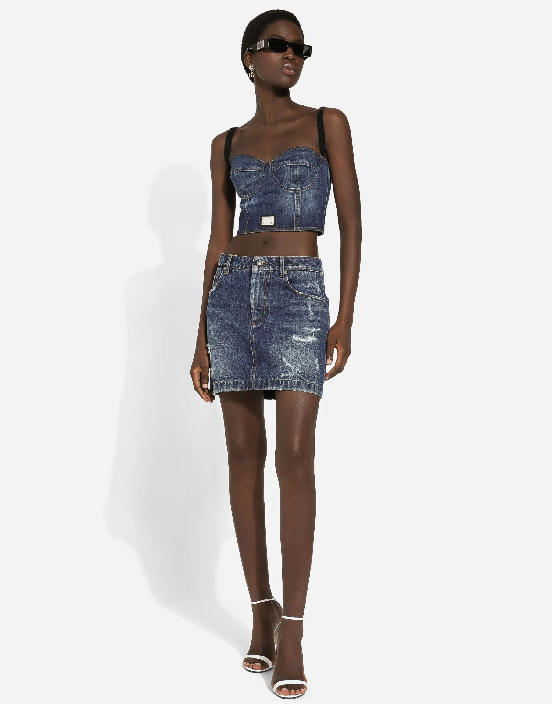 Denim mini skirt with rips