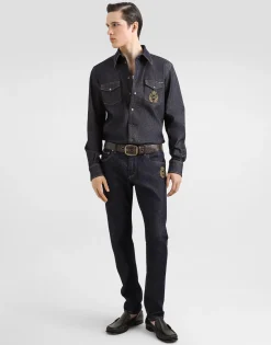 Denim shirt with heraldic emblem