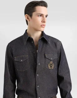Denim shirt with heraldic emblem