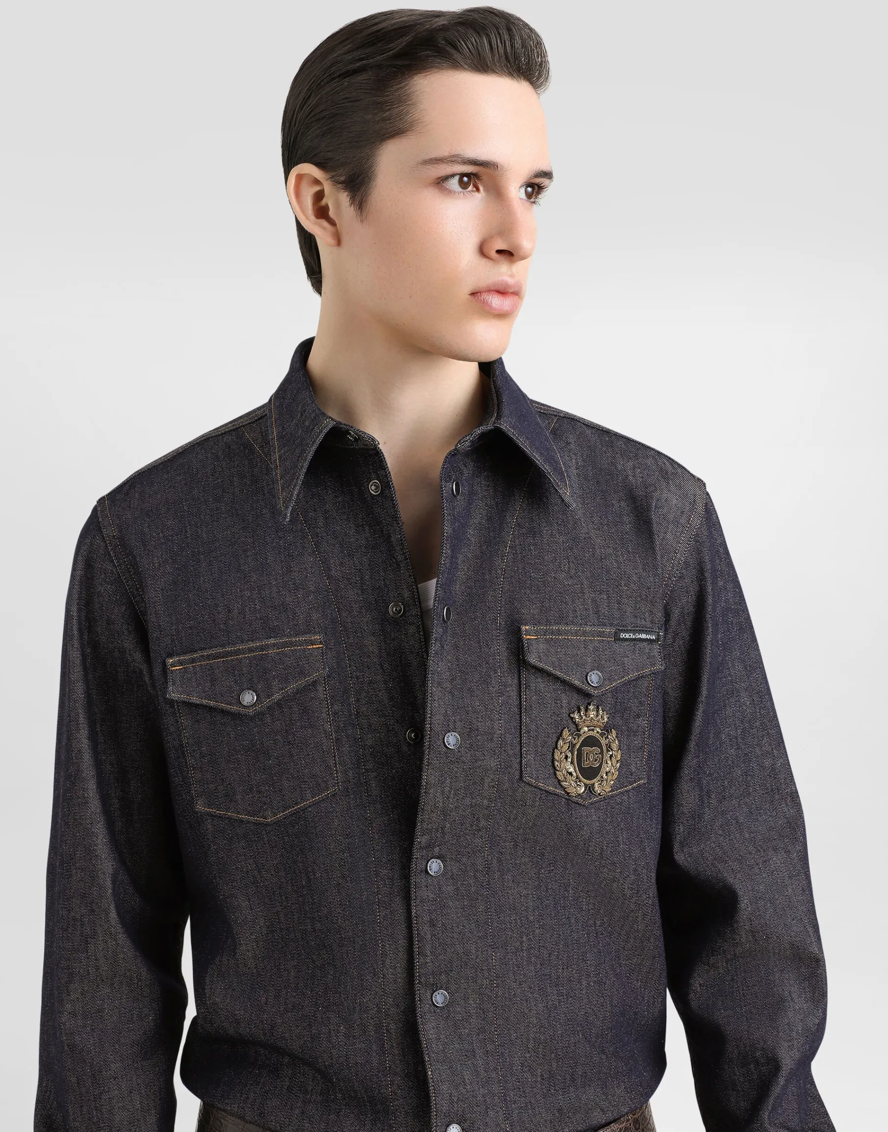 Denim shirt with heraldic emblem
