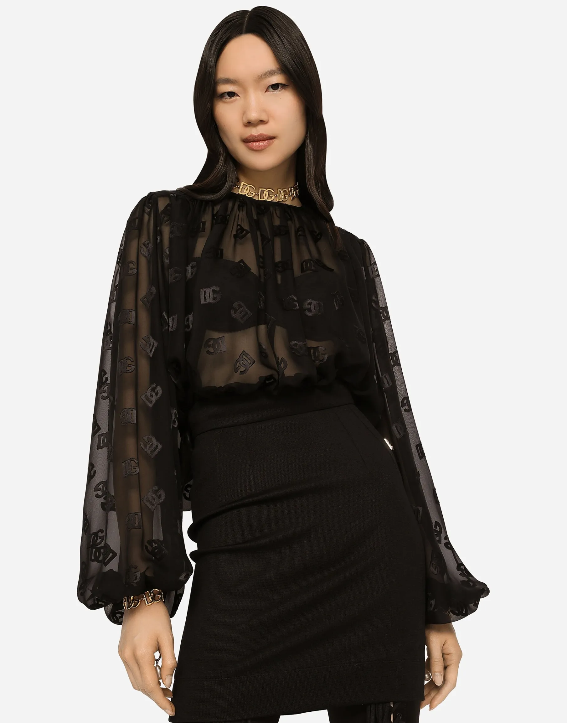 Devoré satin blouse with all-over DG logo
