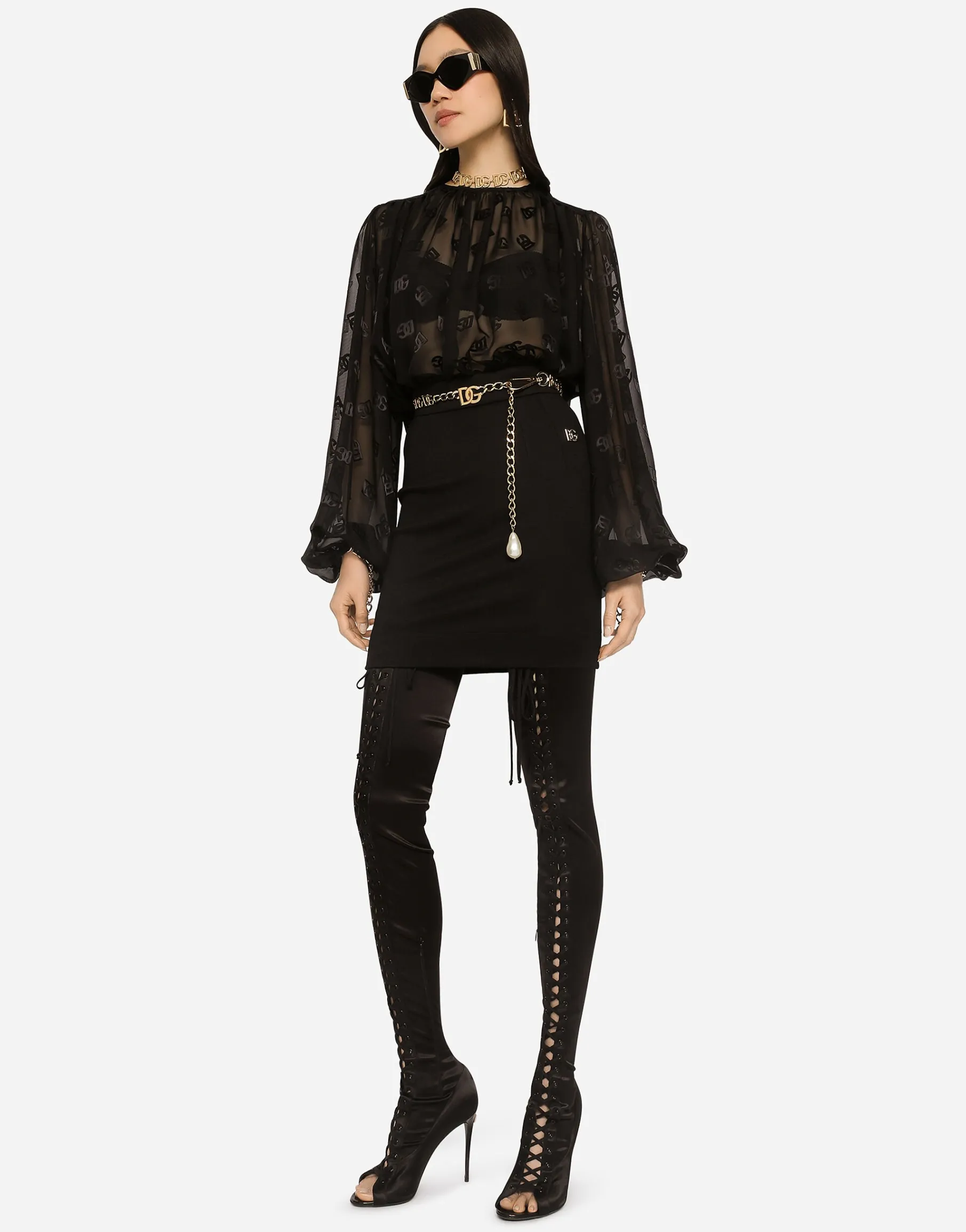 Devoré satin blouse with all-over DG logo