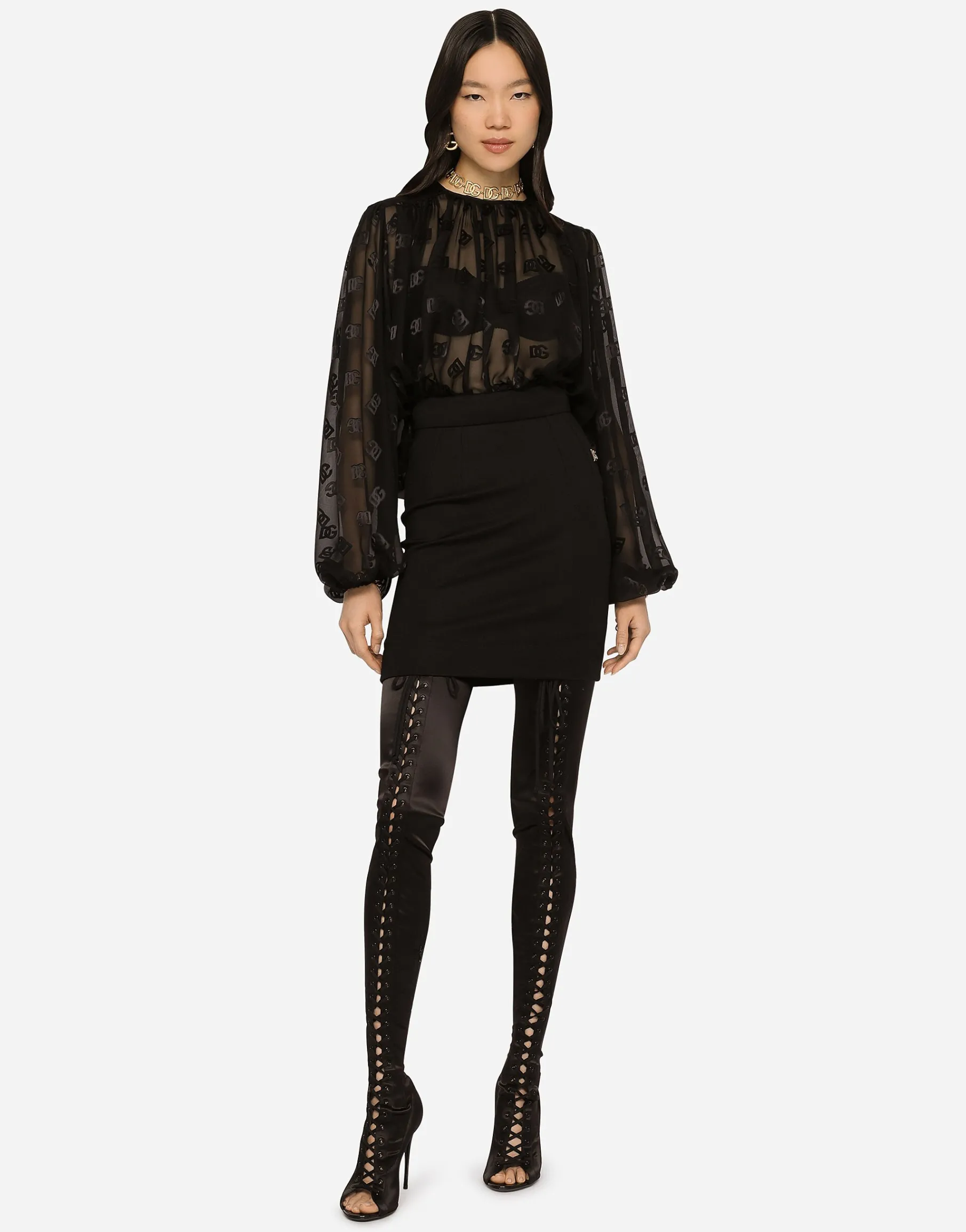 Devoré satin blouse with all-over DG logo