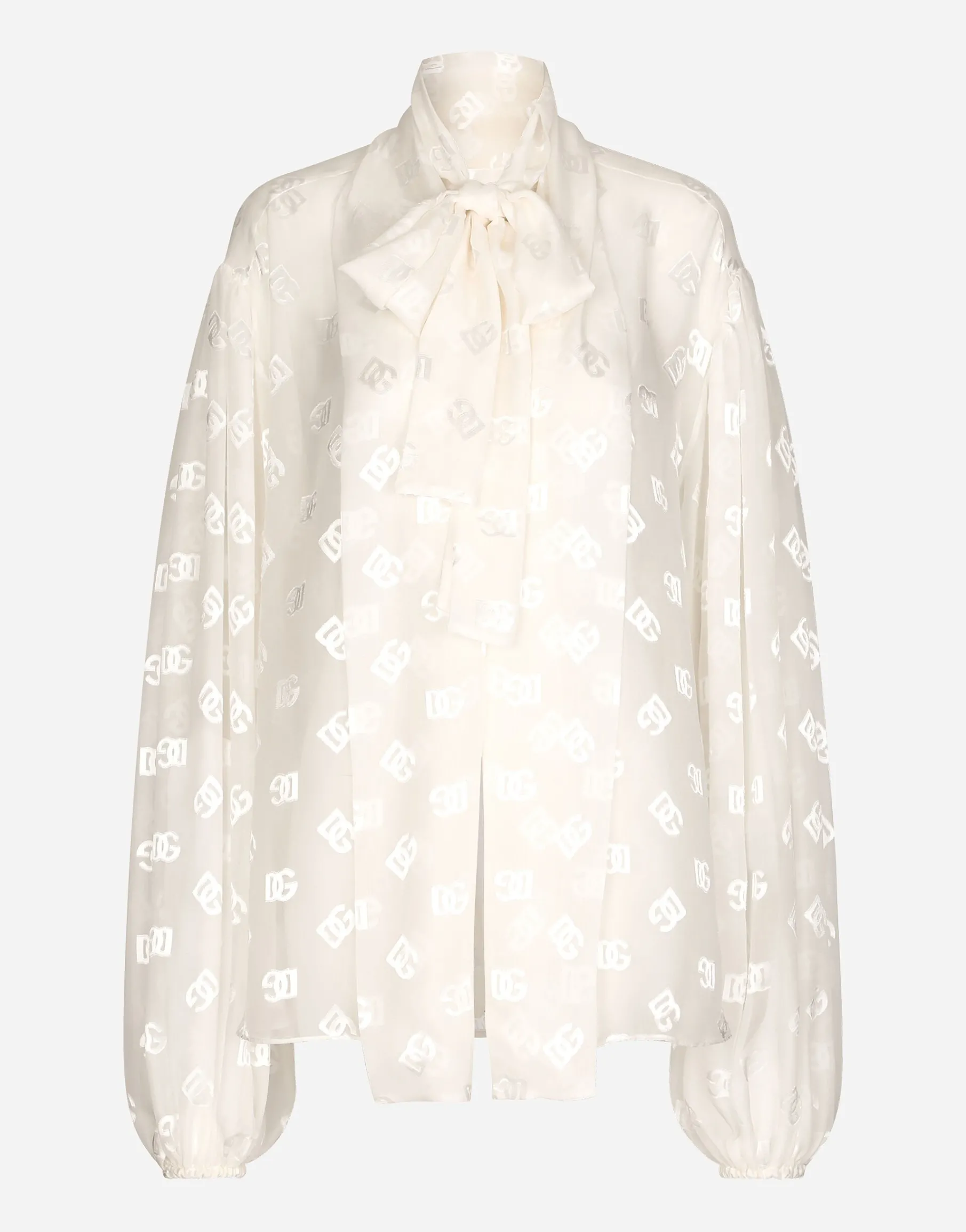Devoré satin pussy-bow shirt with all-over DG logo