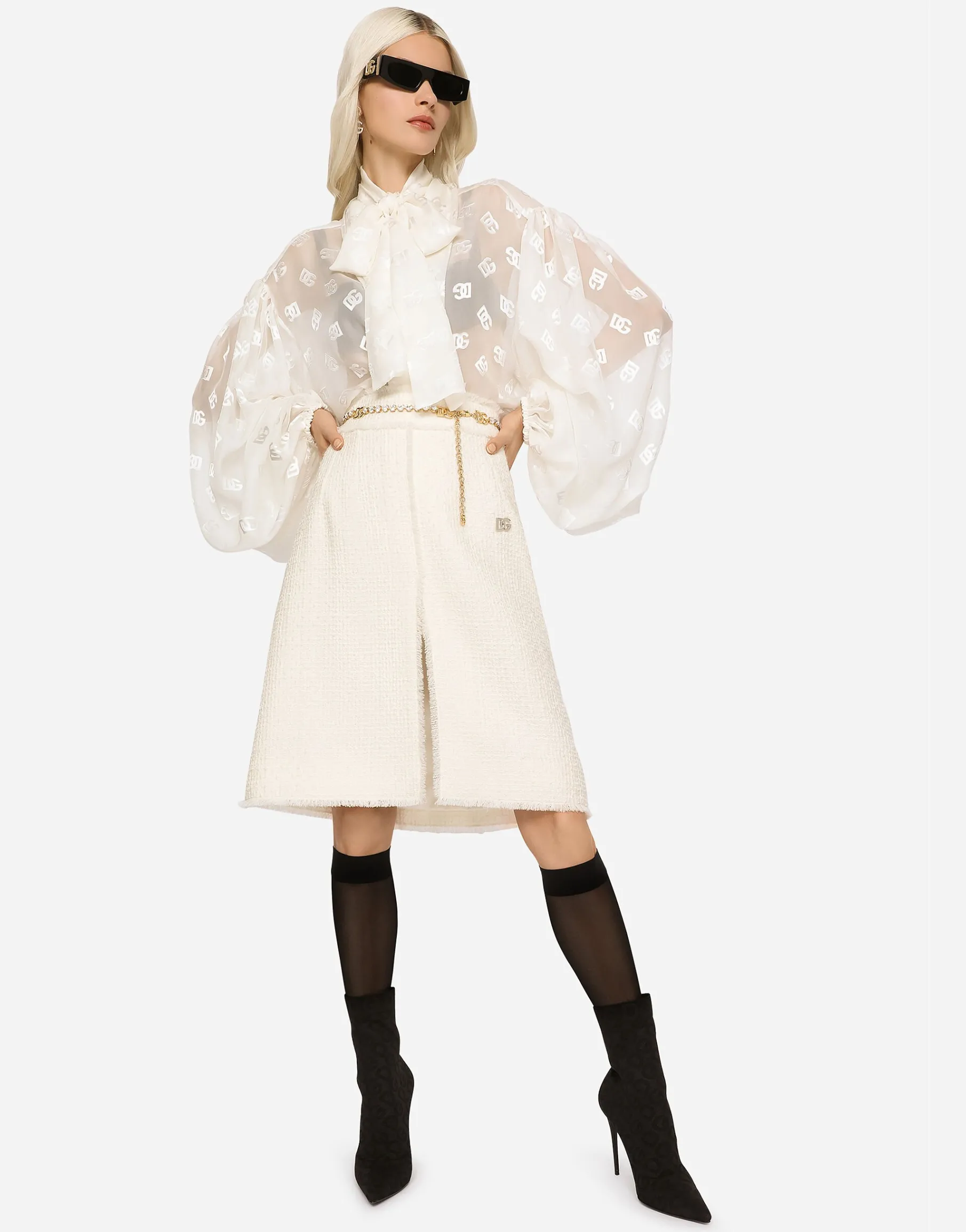 Devoré satin pussy-bow shirt with all-over DG logo