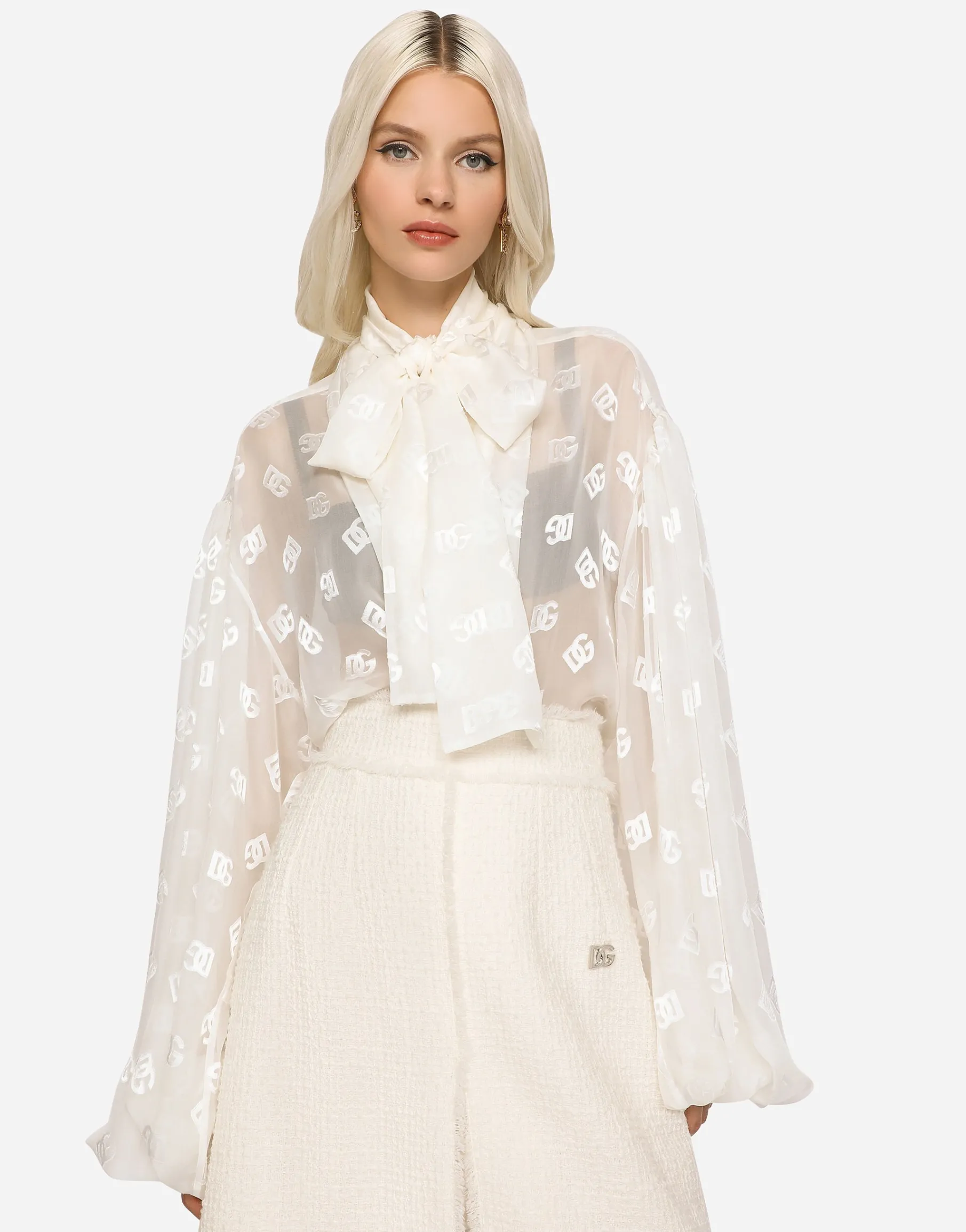 Devoré satin pussy-bow shirt with all-over DG logo