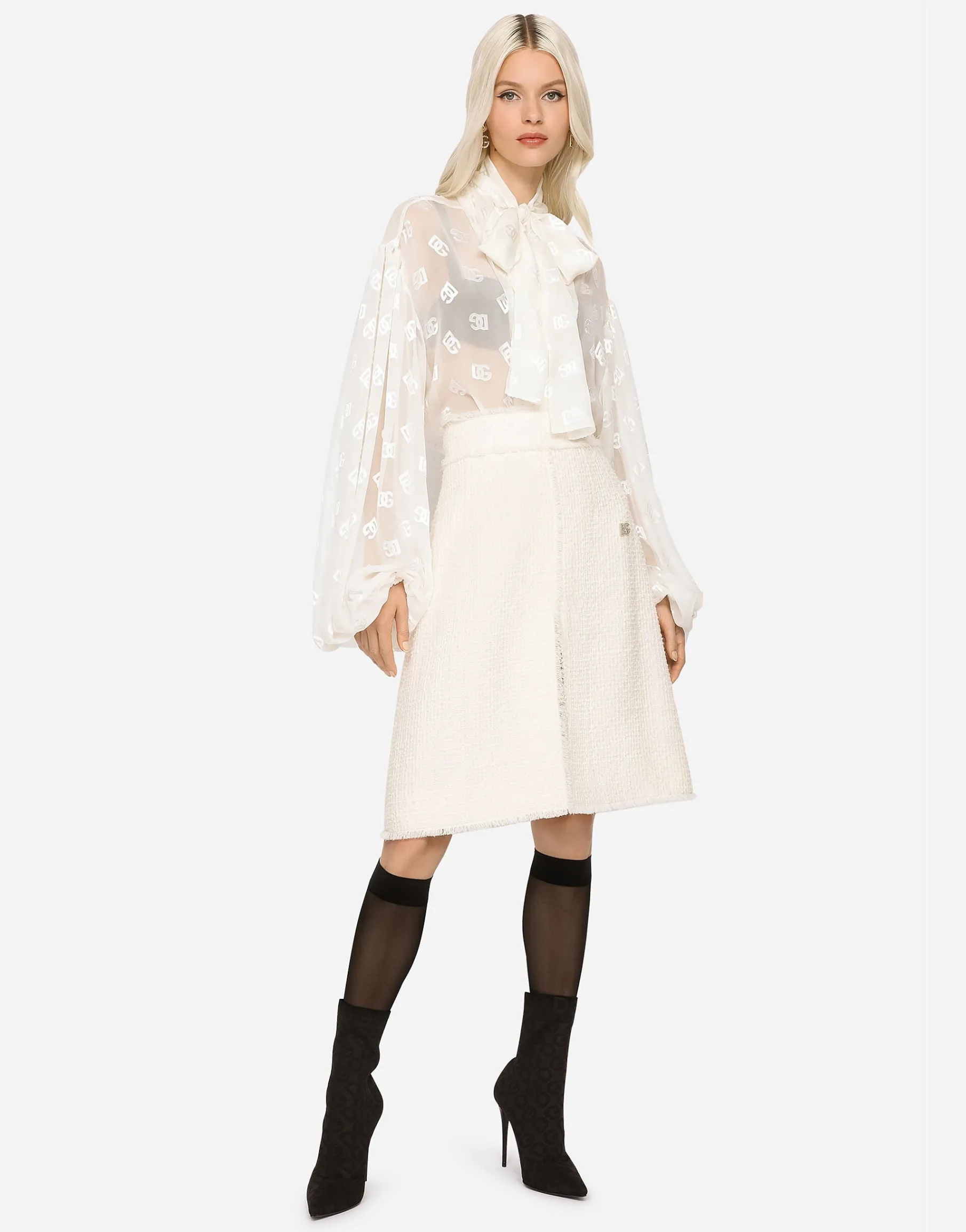 Devoré satin pussy-bow shirt with all-over DG logo