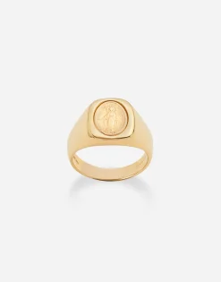 Devotion yellow and red gold ring with oval Virgin Mary medal with a vintage look