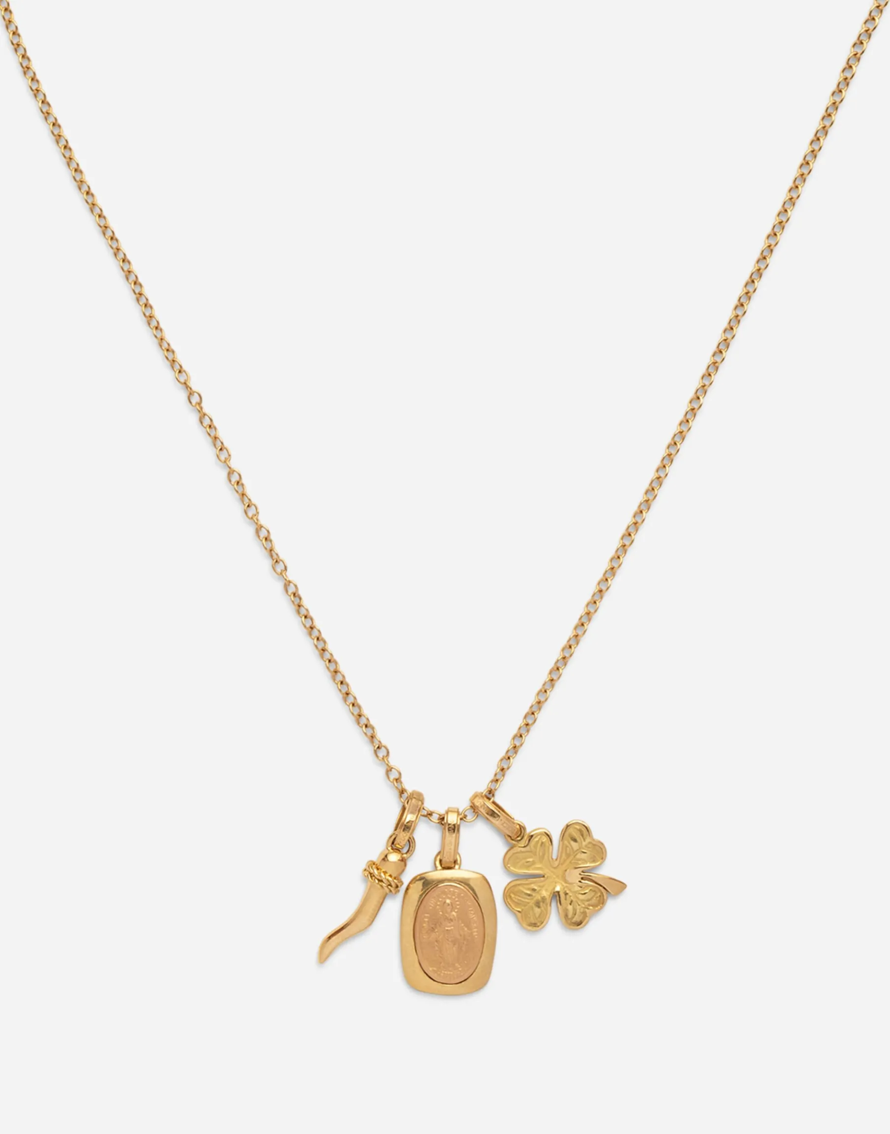Devotion yellow and red gold rounded rectangular pendant with a red gold Virgin Mary medallion, horn and four-leaf clover pendants on yellow gold chain