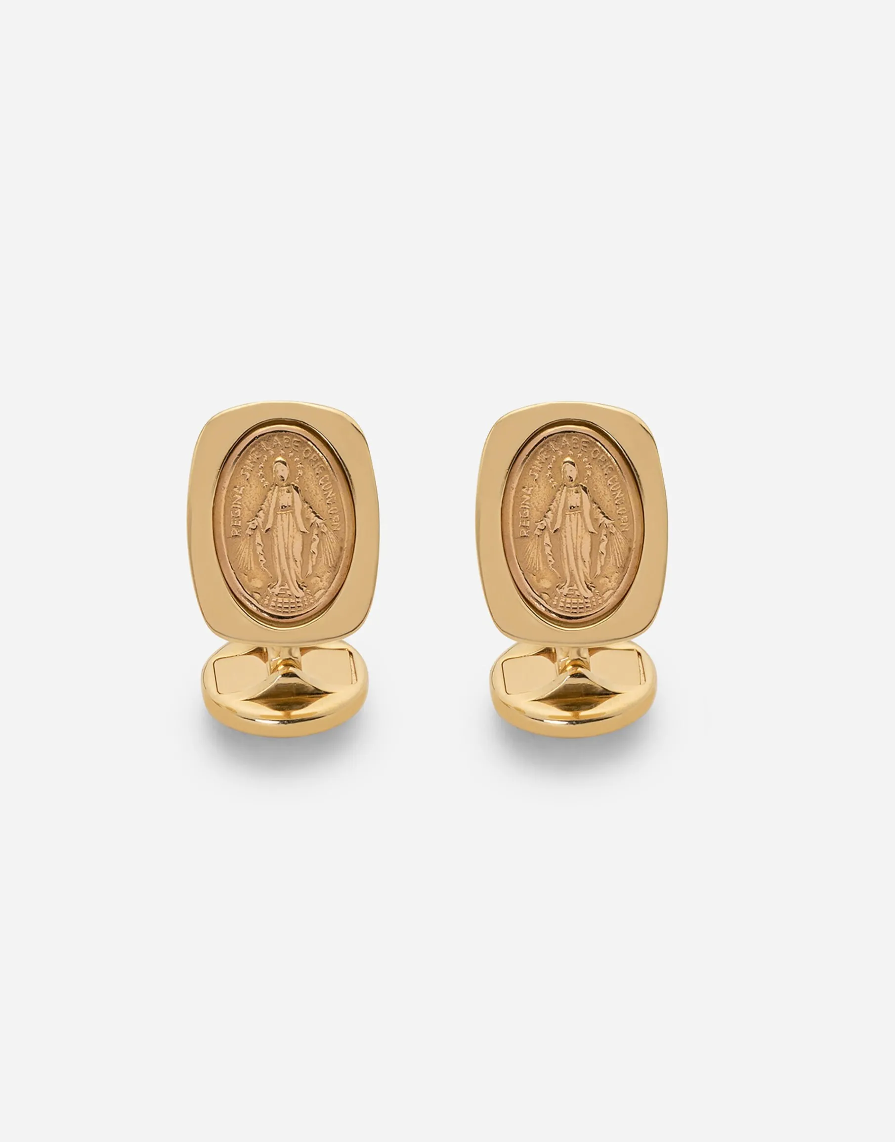 Devotion yellow gold cufflinks with a red gold Virgin Mary medallion