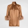 Double satin turtle-neck top with feathered detailing