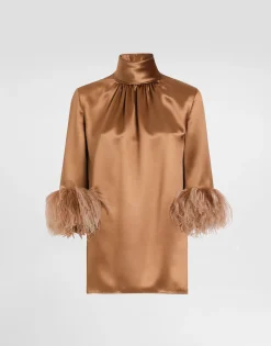 Double satin turtle-neck top with feathered detailing